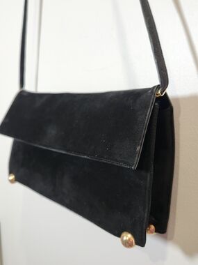 Vintage STUART WEITZMAN Black Suede Shoulder Bag with Gold Accents